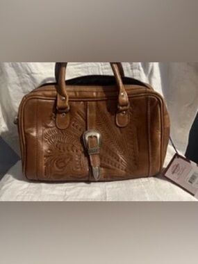 American West NEW WITH TAGS Brown Tooled Leather Satchel Bag VINTAGE